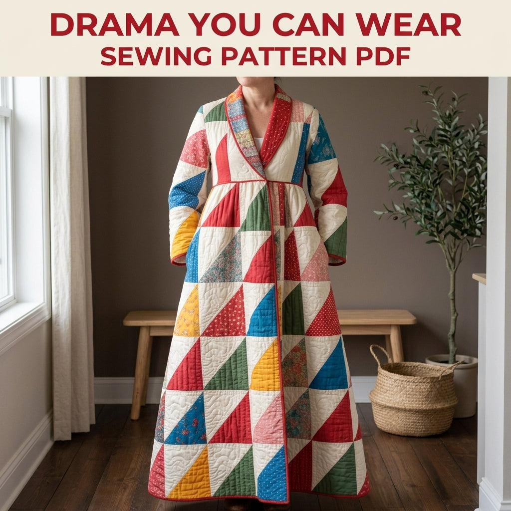Triangle Patchwork Wrap Coat Sewing Pattern PDF – Long Quilted Coat