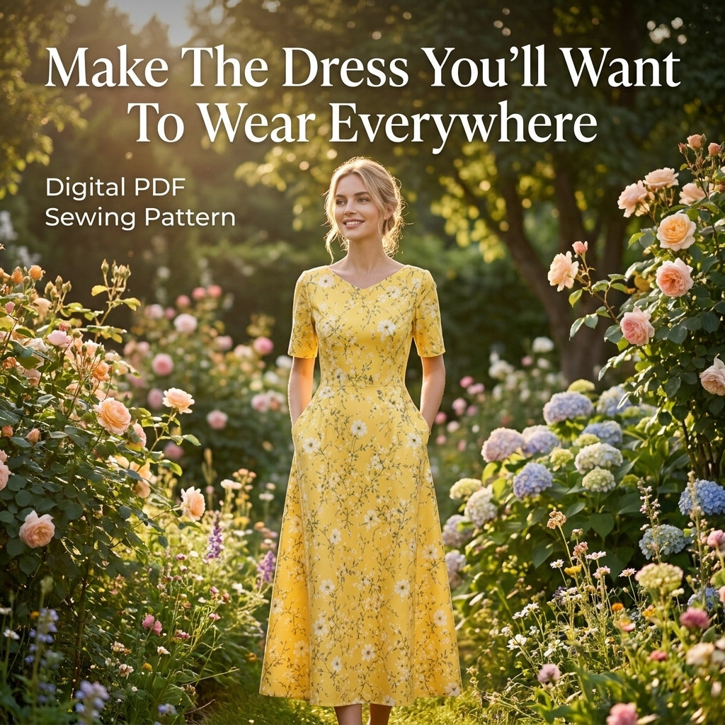 Midi Dress Sewing Pattern — Fitted V-Neck Dress with Flared Skirt and Side Pockets, Sizes XS–3XL, A0 and A4 Layered PDF