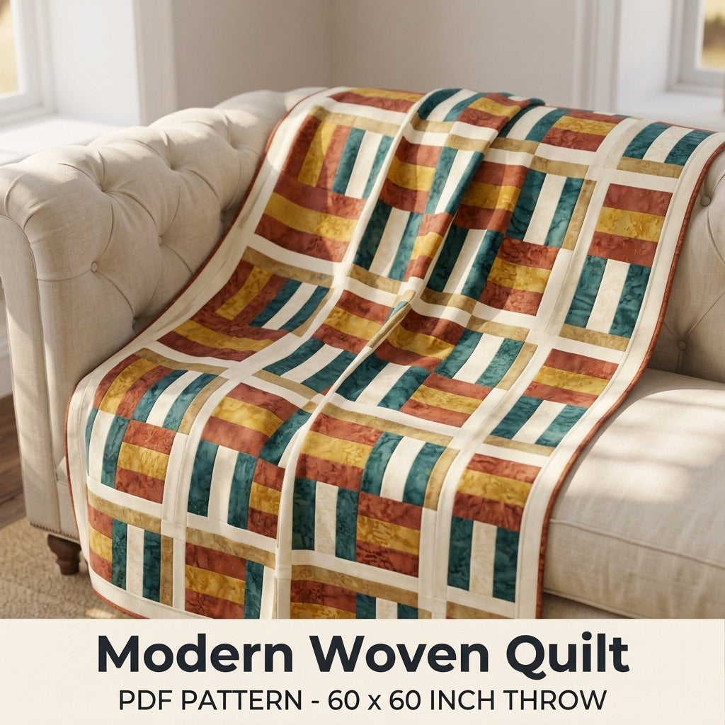 Modern Woven Quilt Pattern PDF – Basket Weave Strip Throw Quilt in Rust, Gold and Teal