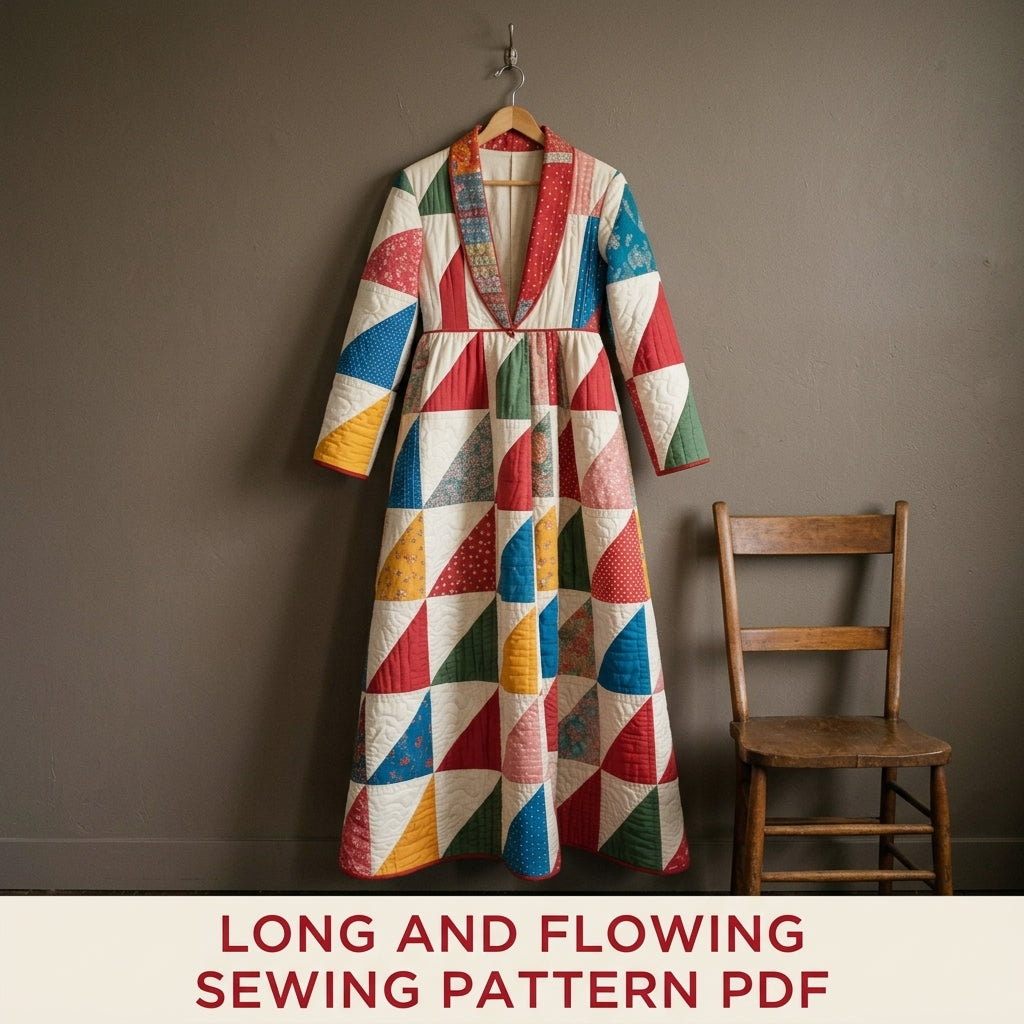 Triangle Patchwork Wrap Coat Sewing Pattern PDF – Long Quilted Coat