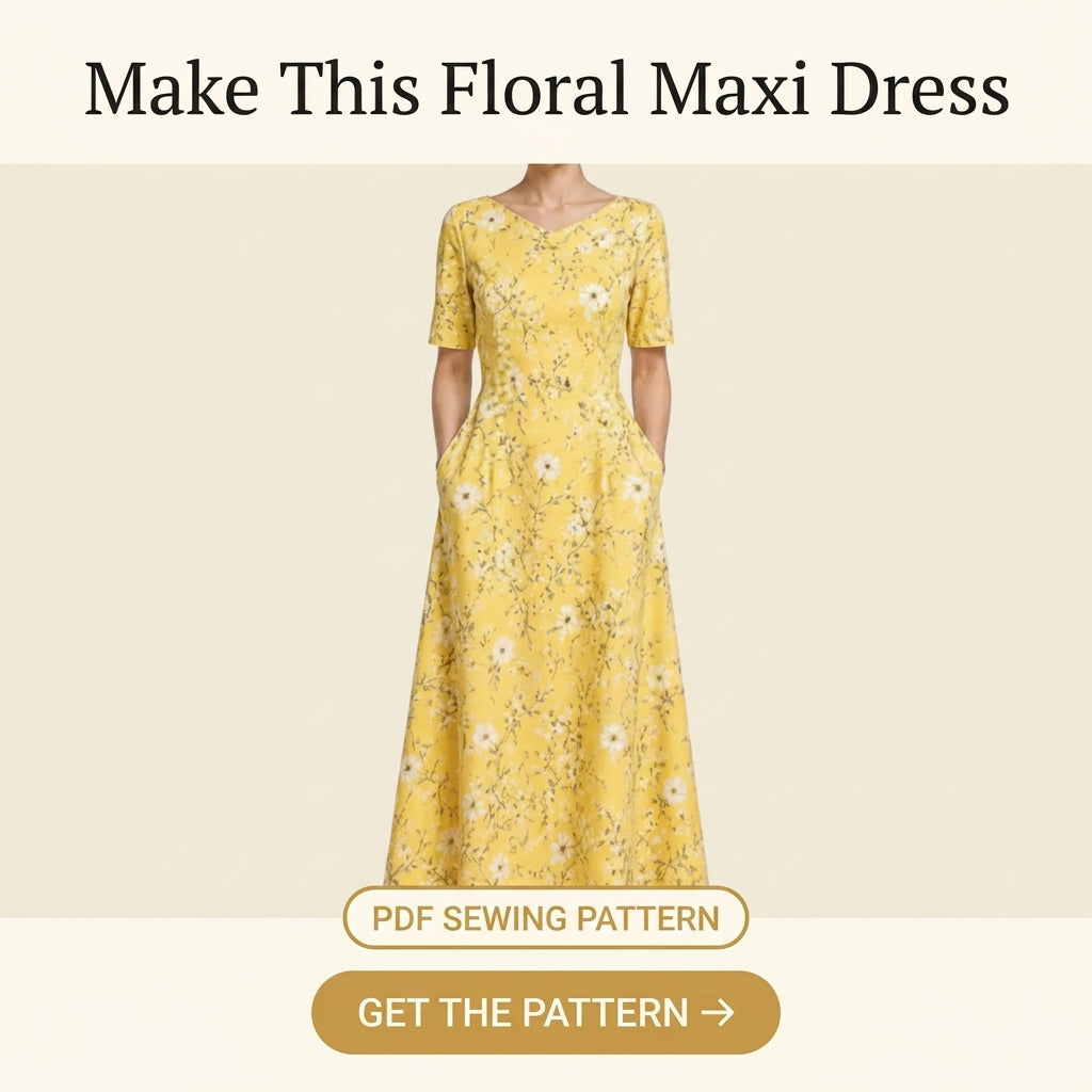 Midi Dress Sewing Pattern — Fitted V-Neck Dress with Flared Skirt and Side Pockets, Sizes XS–3XL, A0 and A4 Layered PDF