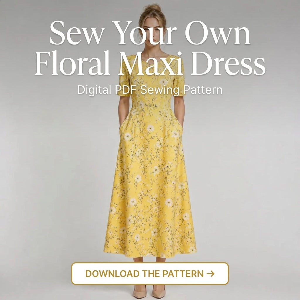 Midi Dress Sewing Pattern — Fitted V-Neck Dress with Flared Skirt and Side Pockets, Sizes XS–3XL, A0 and A4 Layered PDF