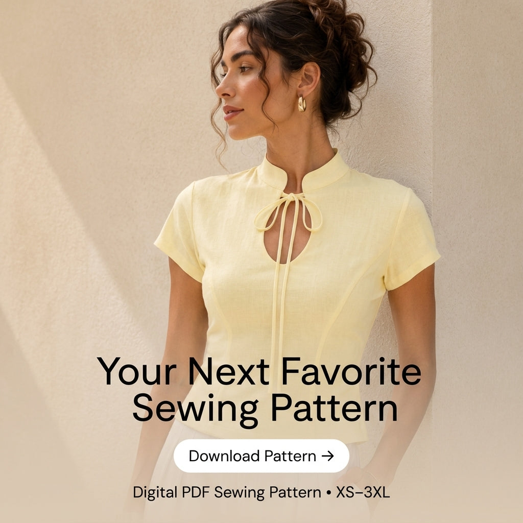 Fitted Top Sewing Pattern — Mandarin Collar Blouse with Keyhole Tie and Cap Sleeves, Sizes XS–3XL, A0 and A4 Layered PDF