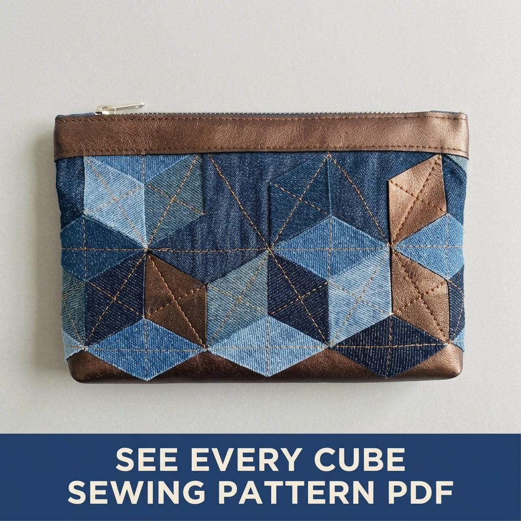 Denim Tumbling  Zip Pouch Sewing Pattern PDF – Tumbling Blocks Patchwork Pouch