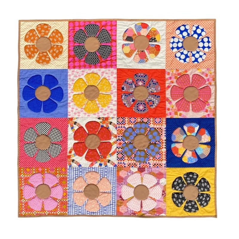 Retro Flower Quilt Pattern | Appliqué Petal Blocks in Scrappy Prints | Beginner Quilt with Full-Size Templates | PDF Instant Download