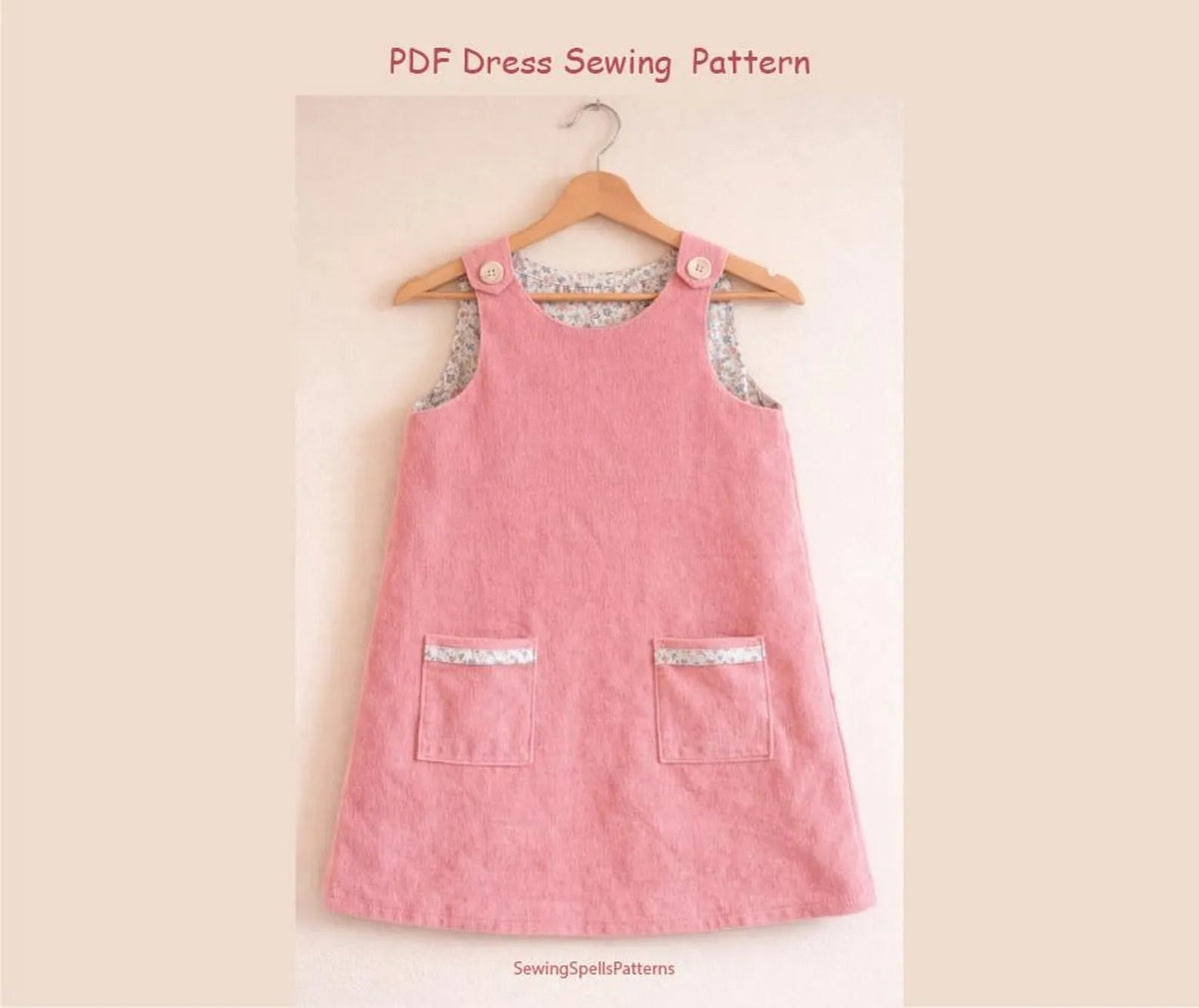 Girls' Pinafore Dress Sewing Pattern — Lined A-Line Pinafore with Patch Pockets, Ages 1–10, PDF Download