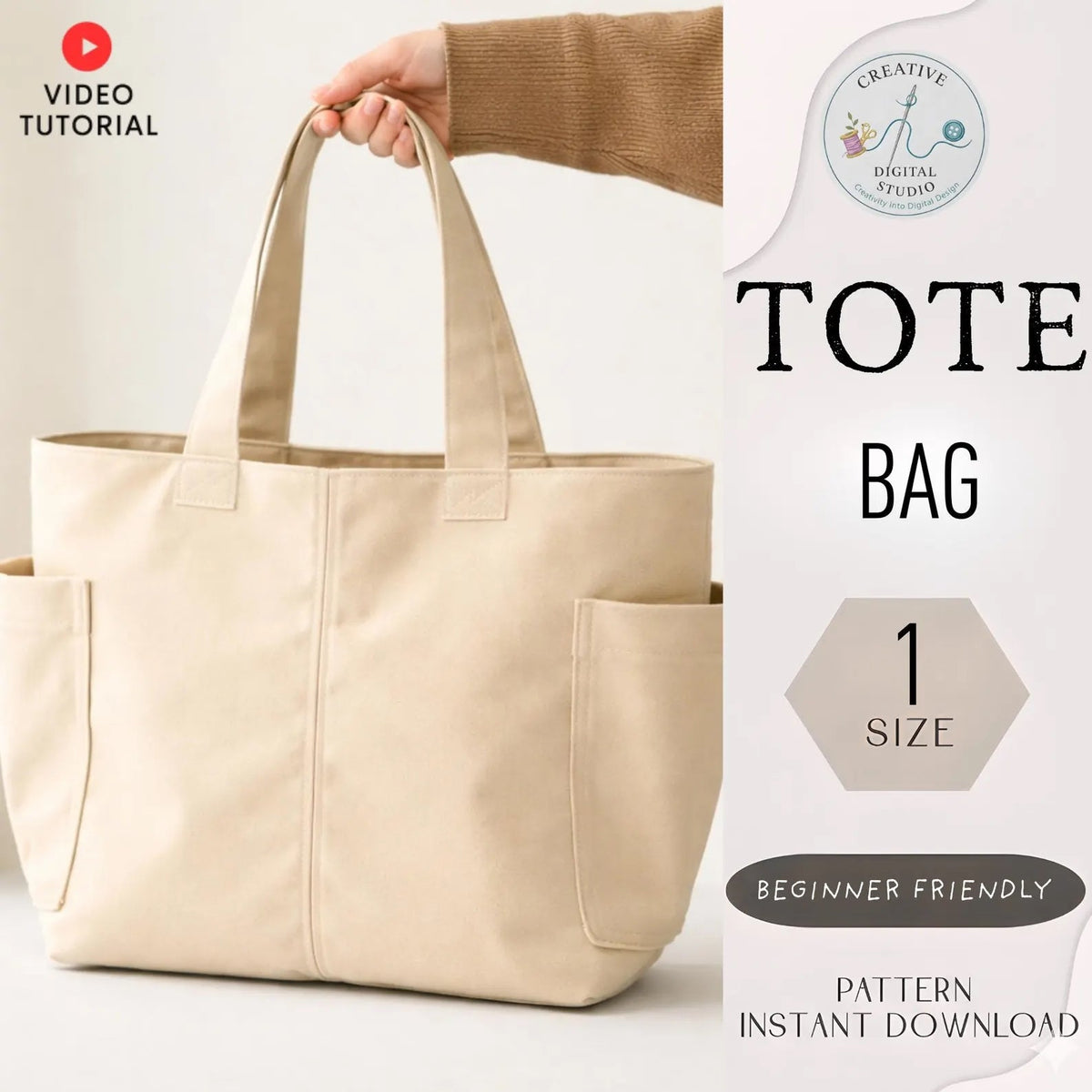 Canvas Tote Bag Sewing Pattern — Everyday Shopper with Side Pockets and Video Tutorial, Beginner Friendly, PDF Download