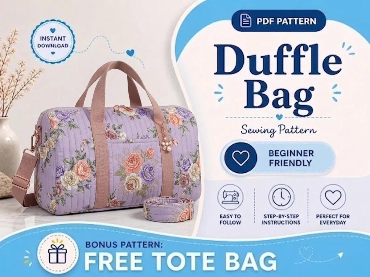 Quilted Duffle Bag Sewing Pattern — Weekender with Detachable Strap and Side Pockets, PDF Download