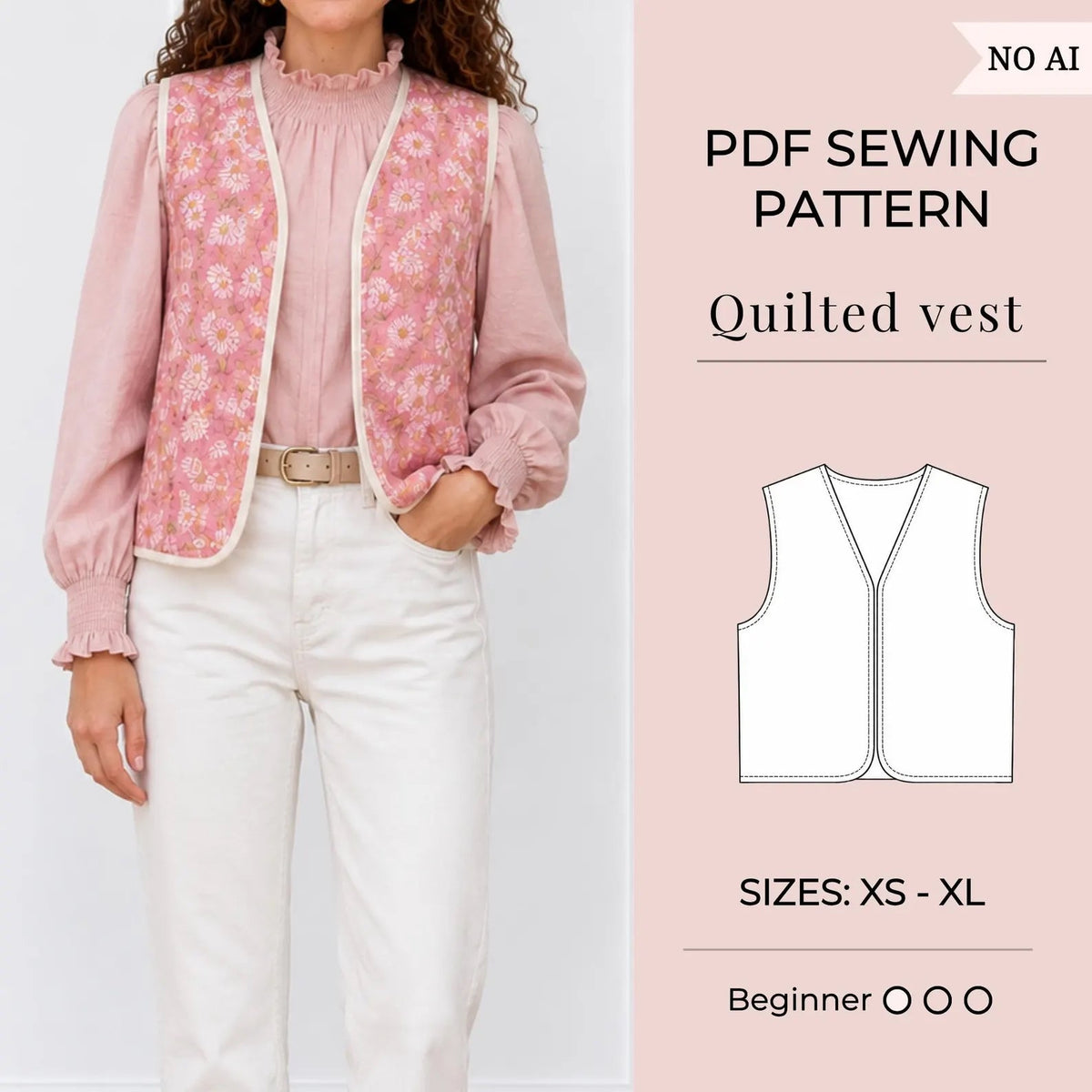 Quilted Vest Sewing Pattern — Reversible Bound-Edge Waistcoat, Sizes XS–3XL, A0 and A4 Layered PDF