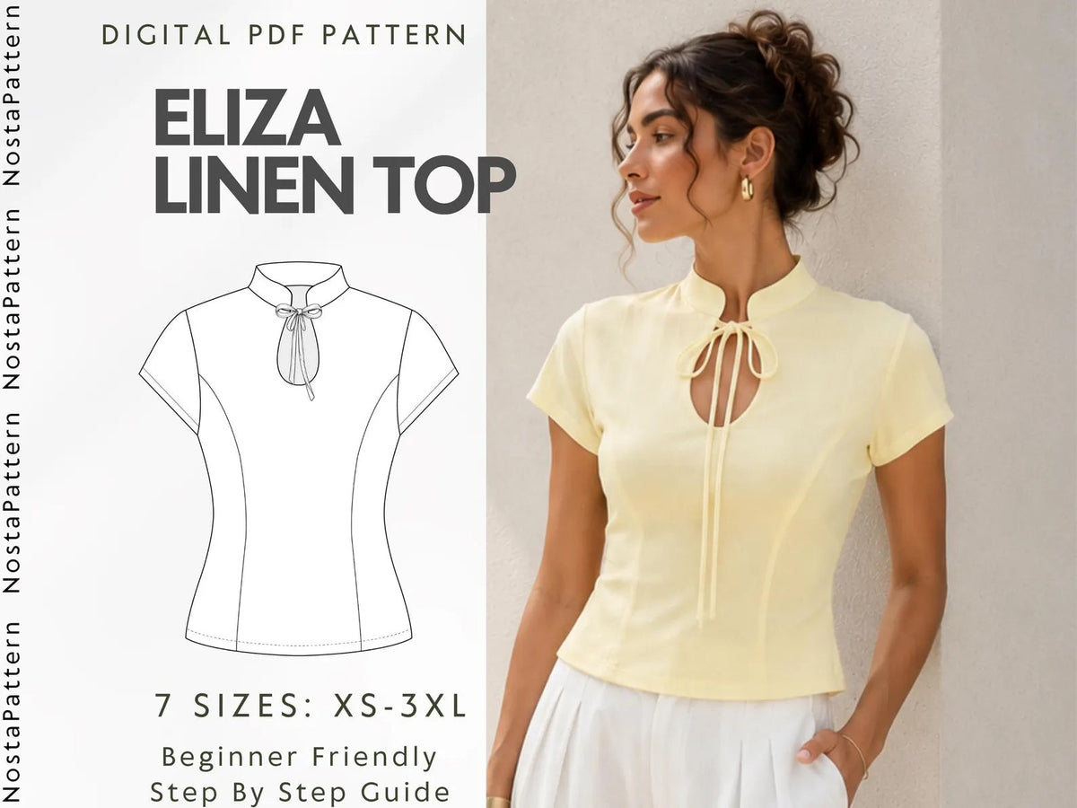 Fitted Top Sewing Pattern — Mandarin Collar Blouse with Keyhole Tie and Cap Sleeves, Sizes XS–3XL, A0 and A4 Layered PDF