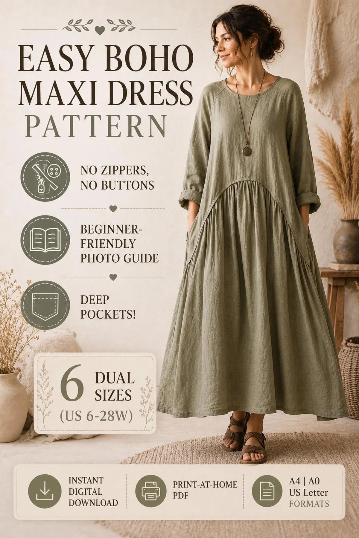 Boho Maxi Dress Sewing Pattern — Oversized Linen Dress with Deep Pockets, No Zips or Buttons, US 6–28W, A0 and A4 PDF