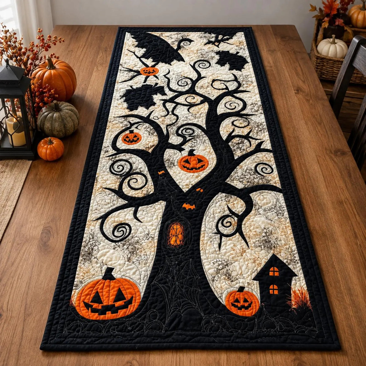 Halloween Table Runner PDF Quilt Pattern | Appliqué Spooky Tree with Jack-O'-Lanterns & Bats | Intermediate Quilting Project | Instant Download