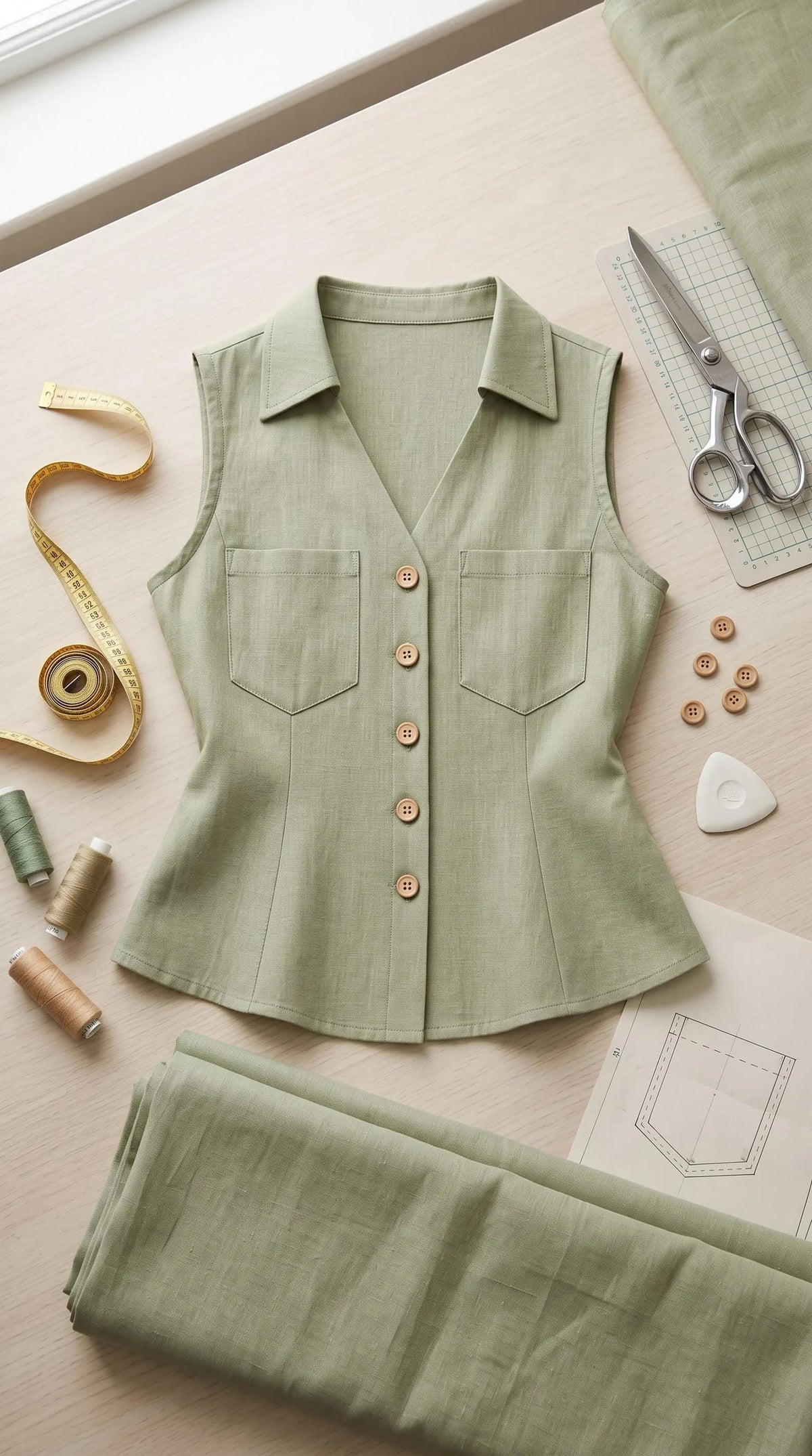 Sleeveless Linen Shirt Top Sewing Pattern — Fitted Button-Front Blouse with Patch Pockets, Sizes XS–3XL, A0 and A4 Layered PDF