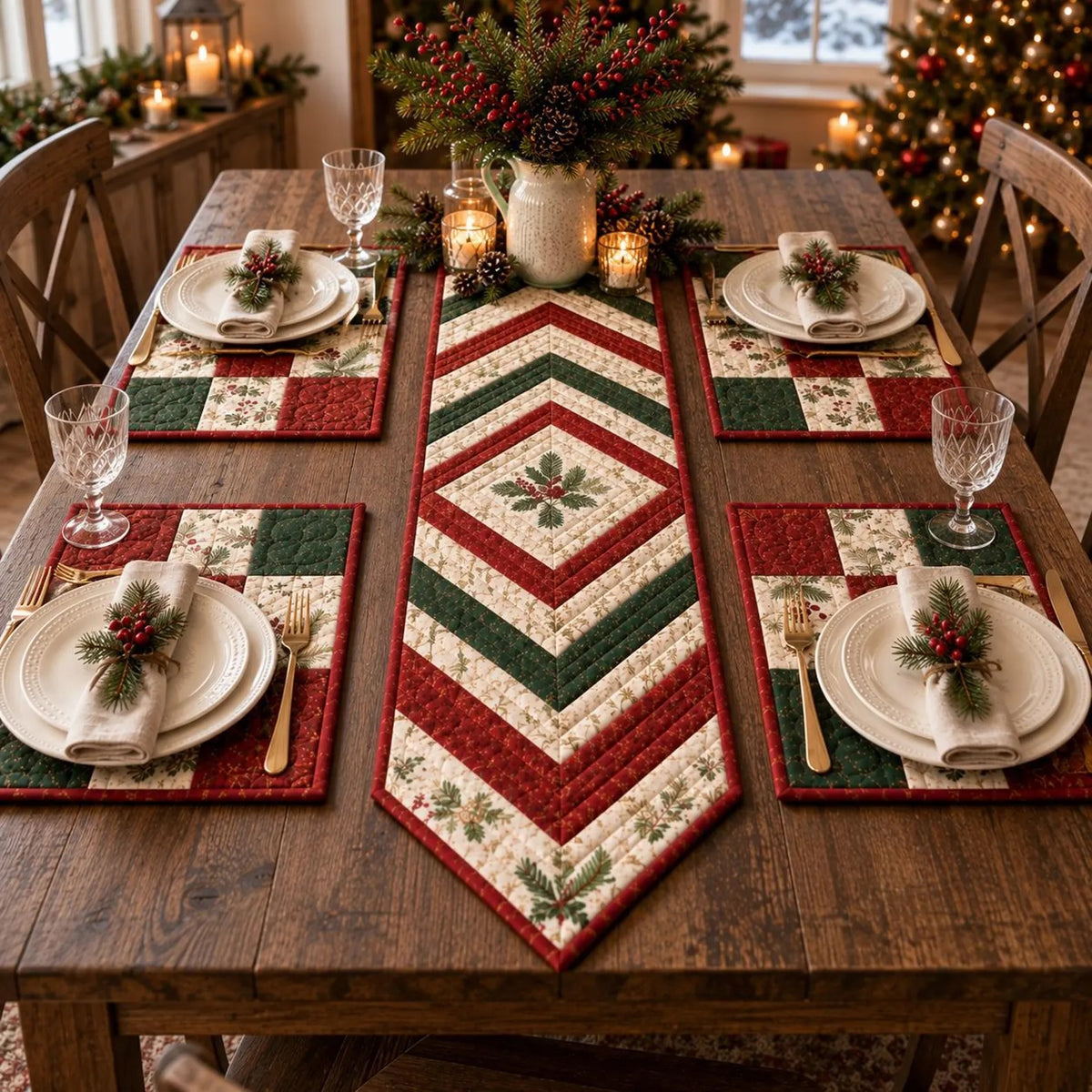 Christmas Table Runner & Placemats Quilt Pattern | Chevron Strip-Pieced Set of 5 | Beginner Quilting Project | PDF Instant Download