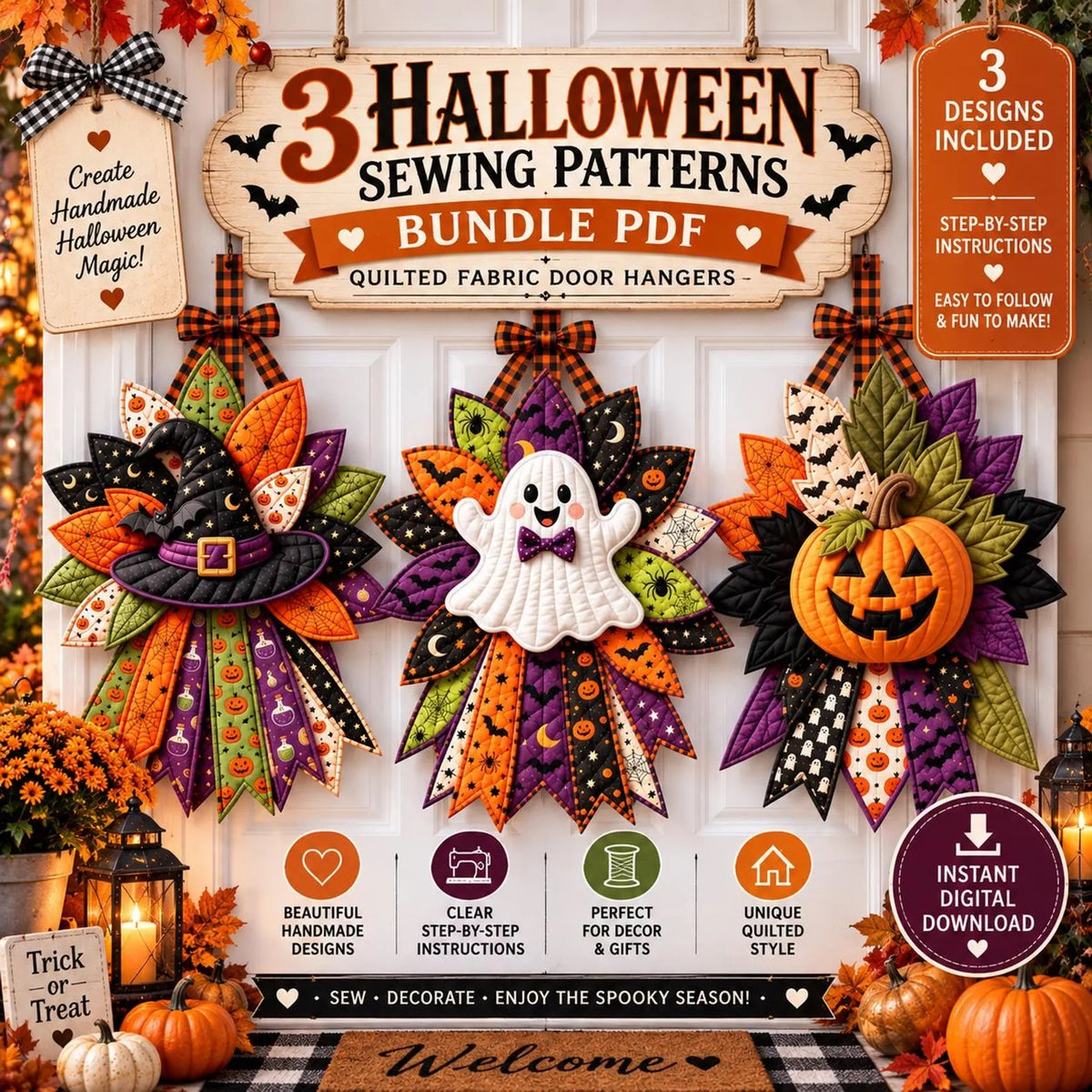 Halloween Door Hanger Patterns — 3 Quilted Fabric Designs in One PDF, Witch Hat, Ghost and Pumpkin, Beginner Friendly