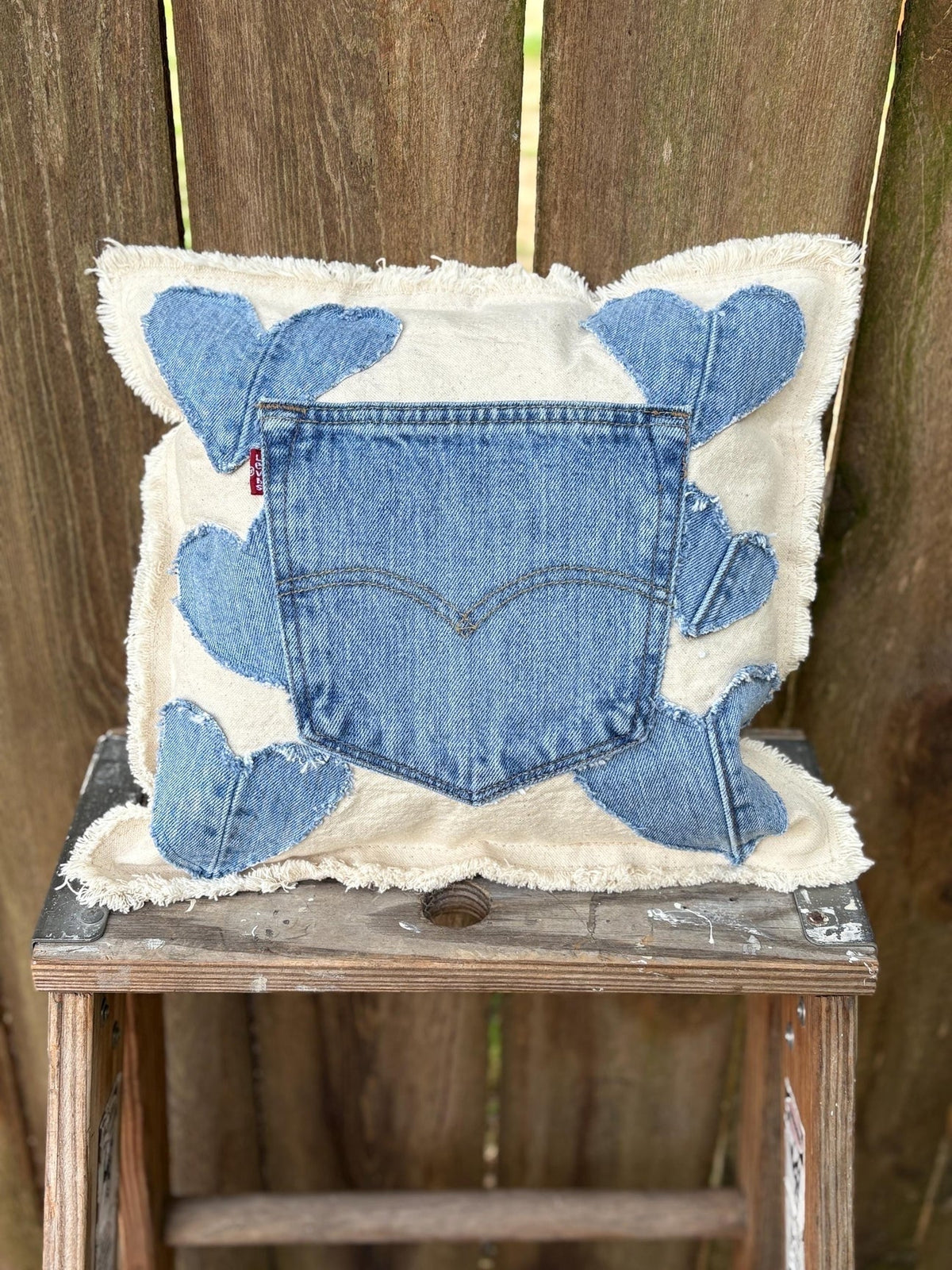 Upcycled Denim Heart Pillow Pattern | Jeans Pocket & Appliqué Hearts on Raw Canvas | Beginner Sewing Project | PDF Instant Download